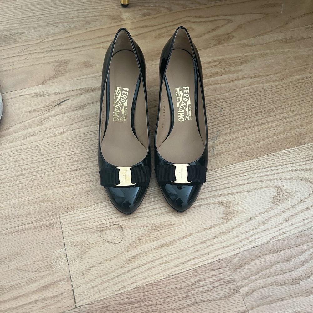 Salvatore Ferragamo Black Patent Leather Heels with Gold Buckle